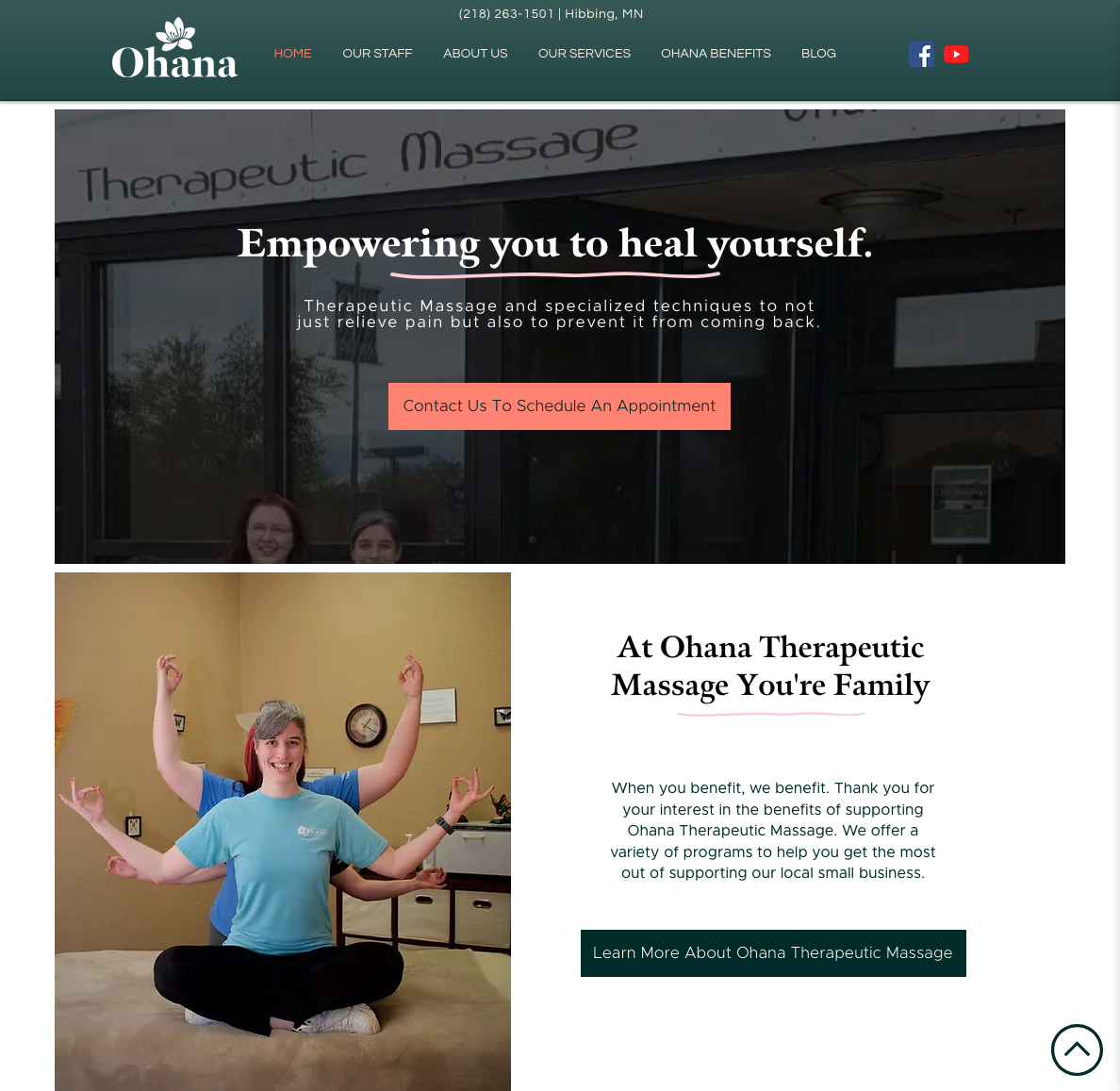 Ohana Therapeutic Massage homepage with photos of owner and staff hahaving fun with arms in the air.